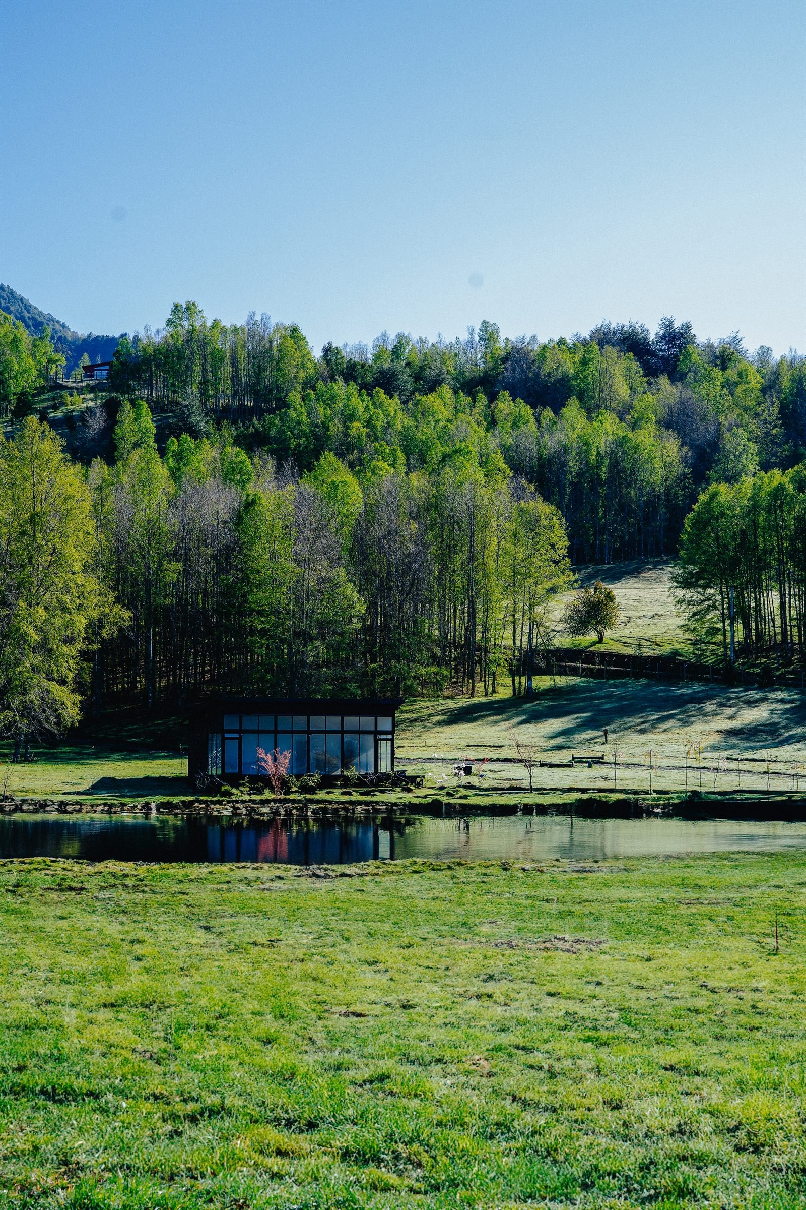 Laguna privada en el centro del condominio rodeada de praderas y bosque