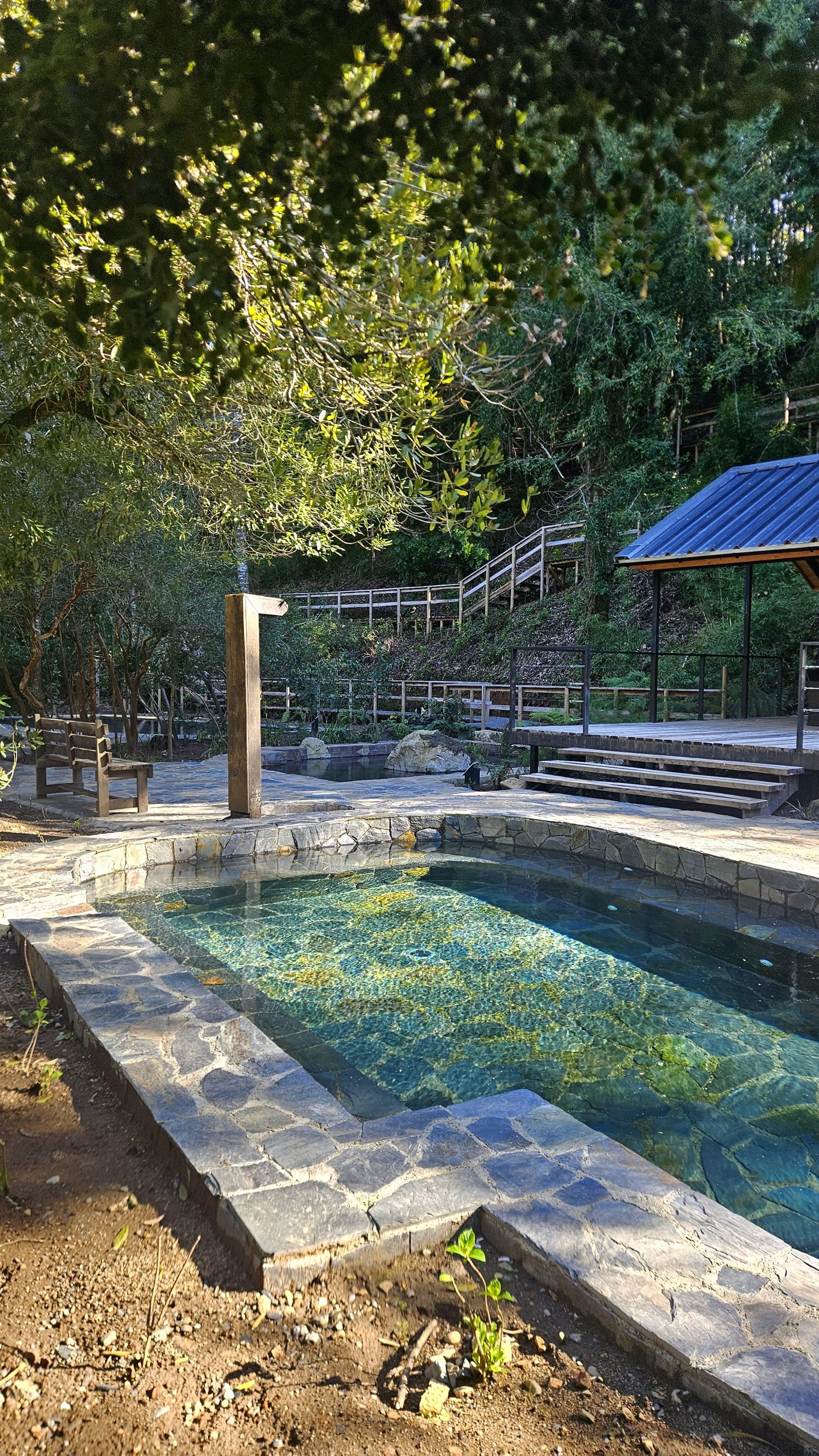 Segunda piscina termal con deck de madera y vista al bosque